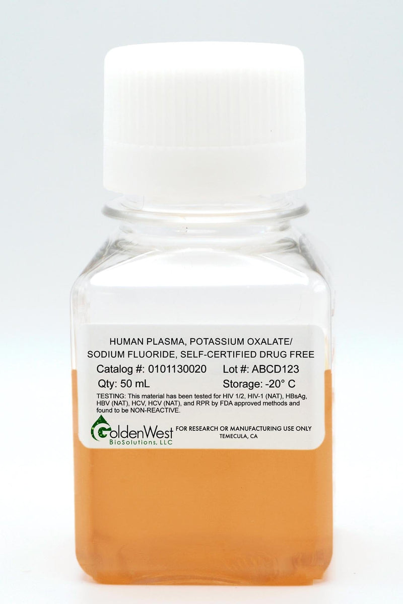 Human Plasma, Potassium Oxalate/Sodium Fluoride, Self-Certified Drug Free