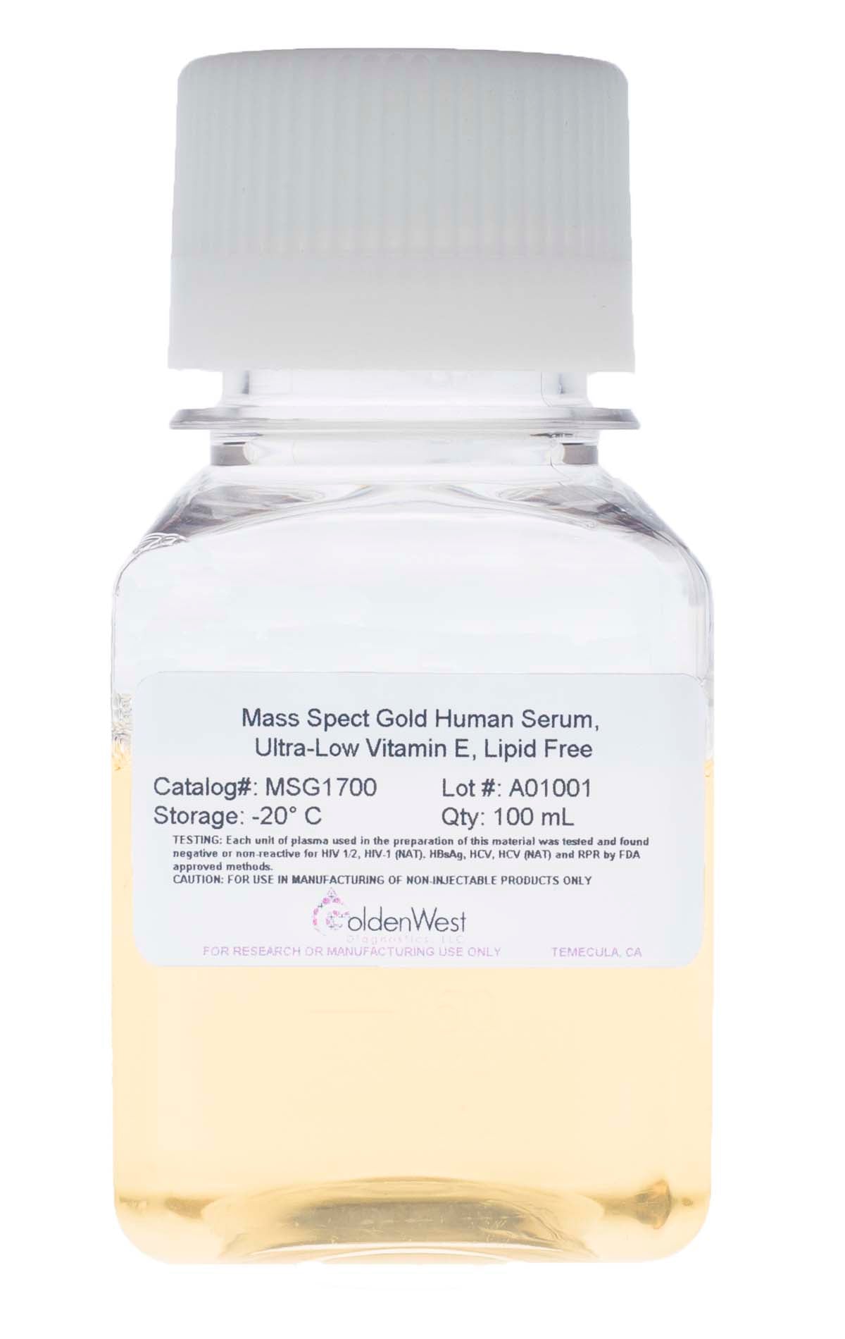 Golden West Diagnostics, LLC Mass Spect Gold Human Matrixes Mass Spect Gold Human Serum, Ultra-Low Vitamin E, Lipid Free MSG1700