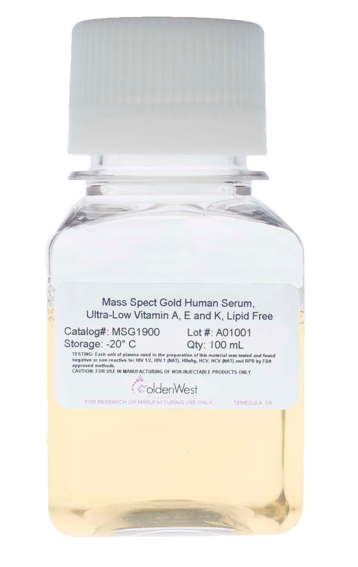 Golden West Diagnostics, LLC Mass Spect Gold Human Matrixes Mass Spect Gold Human Serum, Ultra-Low Vitamin A, E, & K, Lipid Free MSG1900