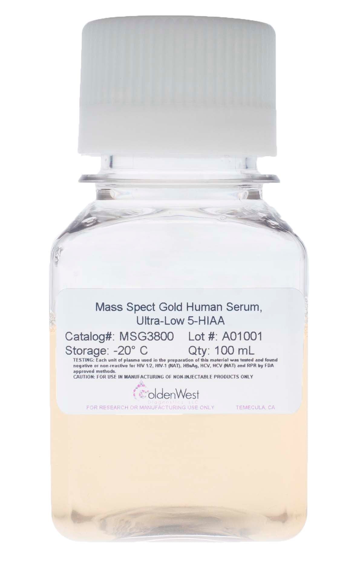 Golden West Diagnostics, LLC Mass Spect Gold Human Matrixes Mass Spect Gold Human Serum, Ultra-Low 5-HIAA MSG3800